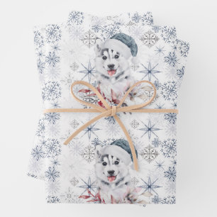 Husky Niedlich Blue Weihnachtsmannmütze Snowflakes Geschenkpapier Set