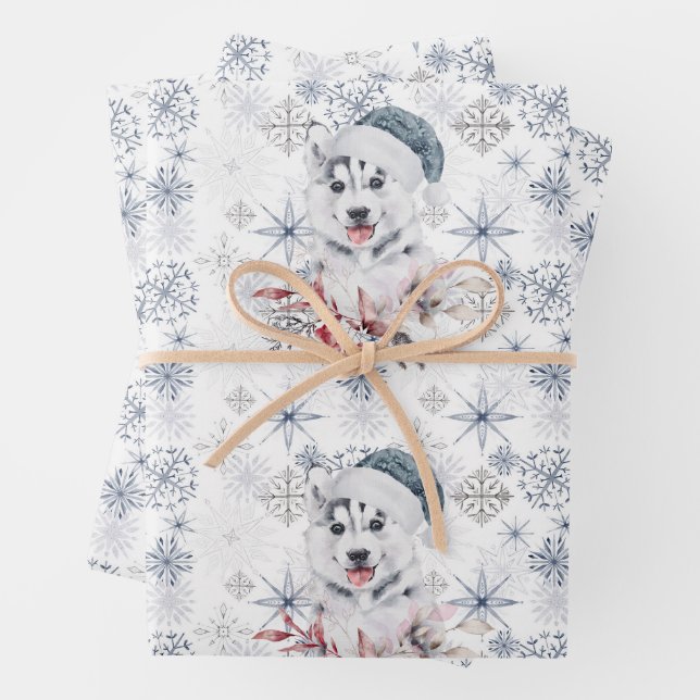 Husky Niedlich Blue Weihnachtsmannmütze Snowflakes Geschenkpapier Set (Beispiel)
