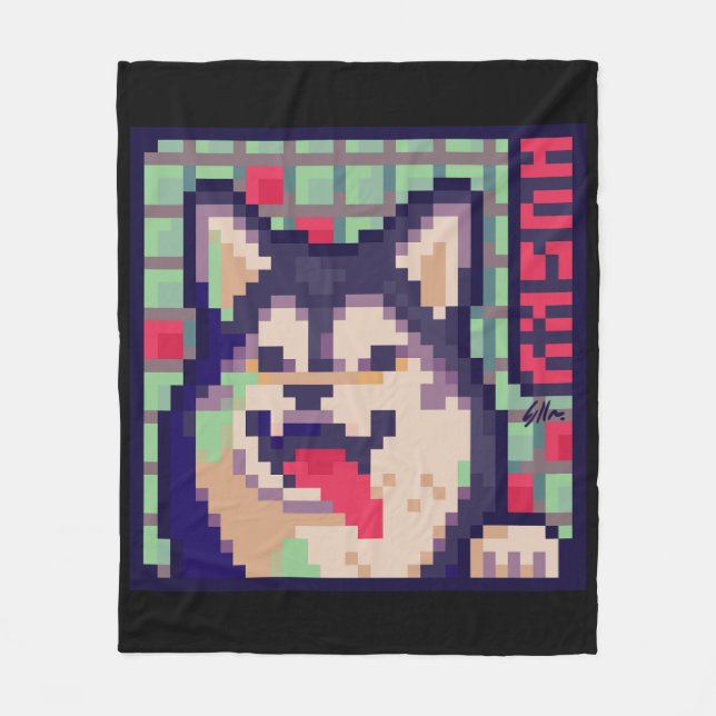 Husky Pixel Art, Pixelart Fleecedecke (Vorderseite)