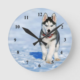 Husky Puppy Snow Foto Runde Wanduhr
