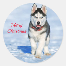 Husky Puppy Snow Foto Weihnachten Runder Aufkleber