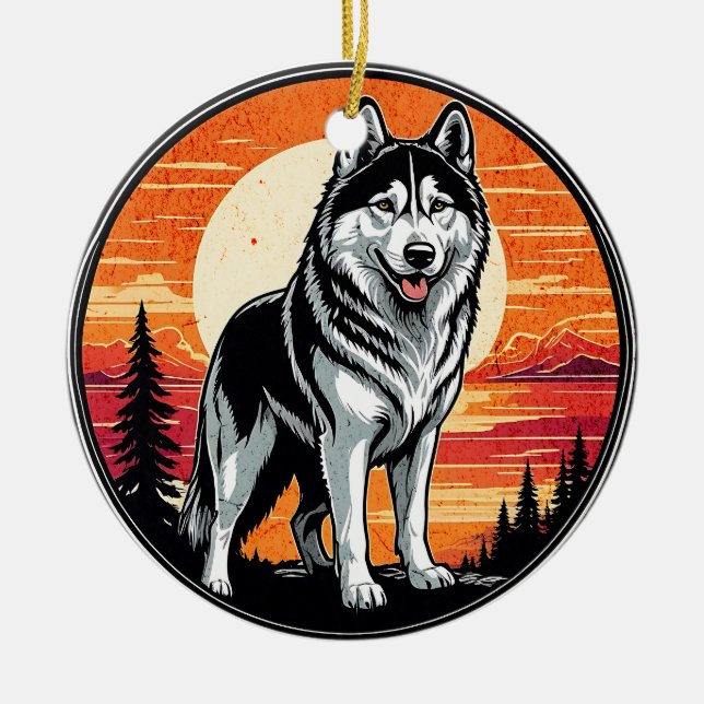 Husky Retro Sonnenuntergang Hunde Liebhaber Keramik Ornament (Vorne)