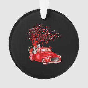 Husky Riding Red Truck  Valentine Butterfly Heart Ornament