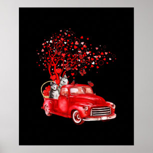 Husky Riding Red Truck  Valentine Butterfly Heart Poster
