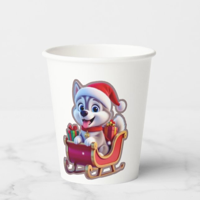 Husky Riding Santa’s Sleigh – Cute 3D Christmas Ca Pappbecher (Vorderseite)