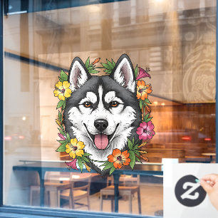 Husky-Schlittenhund und bunte Mirablis-Blumen Fensteraufkleber
