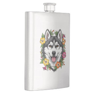 Husky-Schlittenhund und farbenfrohe Mirablis-Blume Flachmann