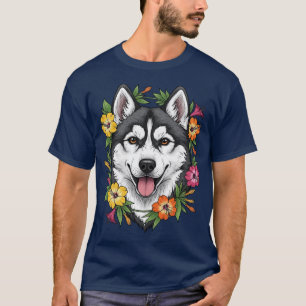 Husky-Schlittenhund und farbenfrohe Mirablis-Blume T-Shirt