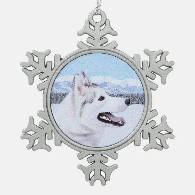 Husky-(Silber und Weiß) Malerei-Hundekunst Schneeflocken Zinn-Ornament (Vorderseite)