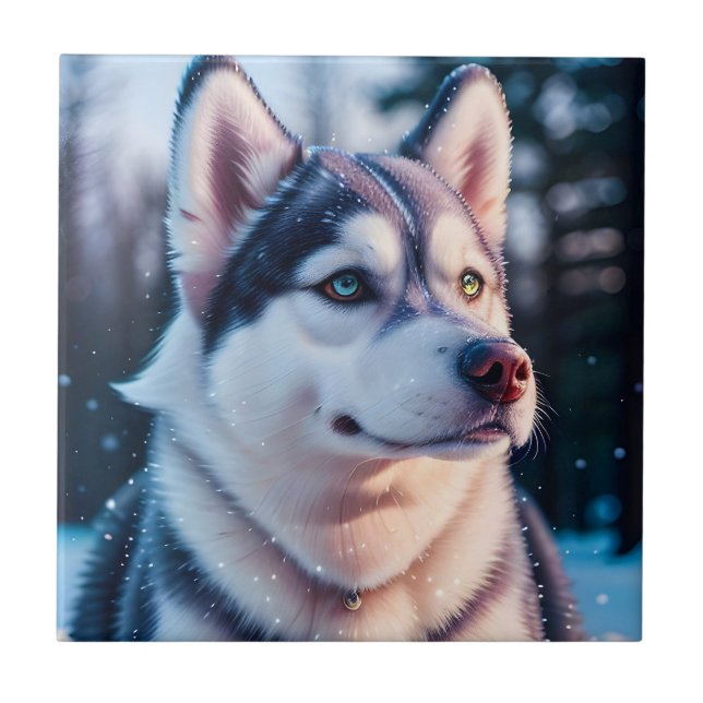 Husky Stares in Winter Fliese (Vorderseite)
