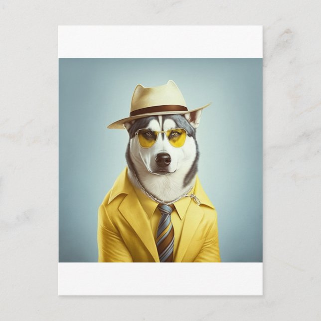 Husky trägt gelben Anzug, Hut, Sonnenbrille Postkarte (Vorderseite)