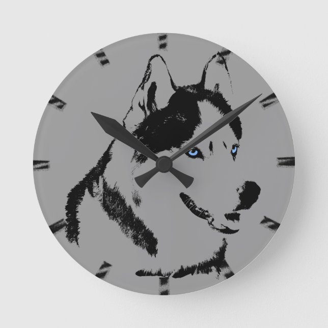 Husky-Uhr gibt Dekoration-Schlittenhundehalle-Uhr Runde Wanduhr (Vorderseite)