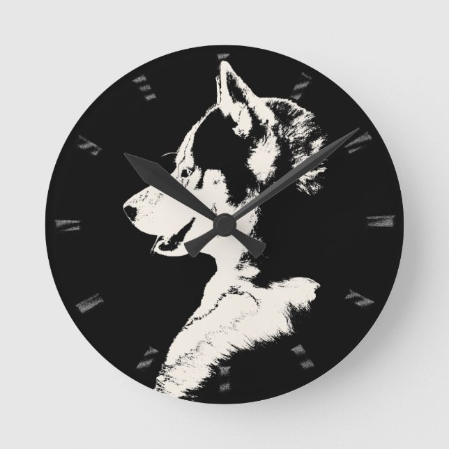 Husky-Uhr gibt Dekoration-Schlittenhundehalle-Uhr Runde Wanduhr (Vorderseite)
