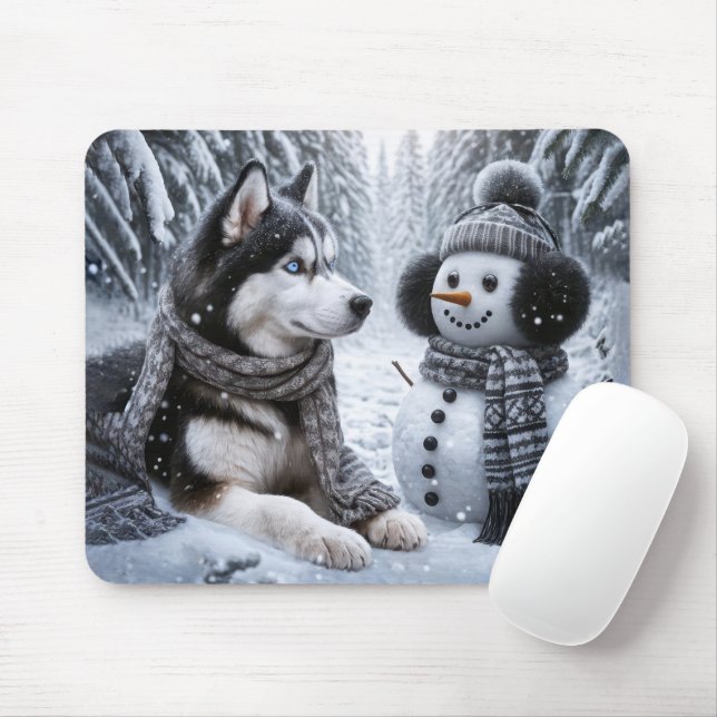 Husky und Schneemann im Winterwald Mousepad (Mit Mouse)