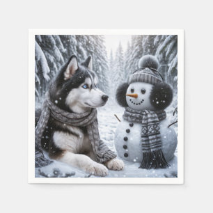 Husky und Schneemann im Winterwald Serviette