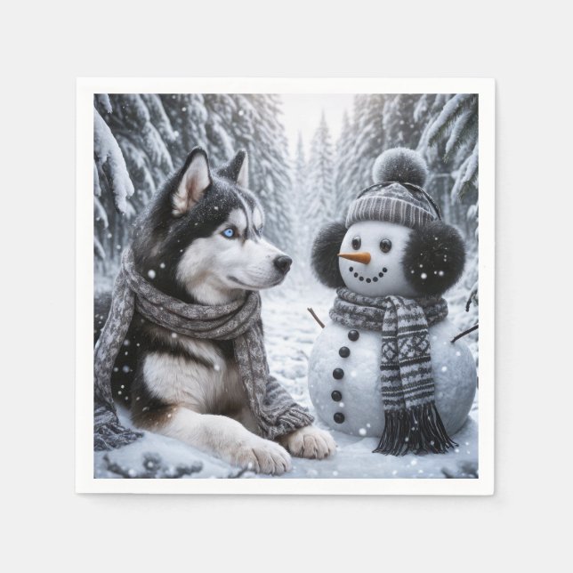 Husky und Schneemann im Winterwald Serviette (Vorderseite)