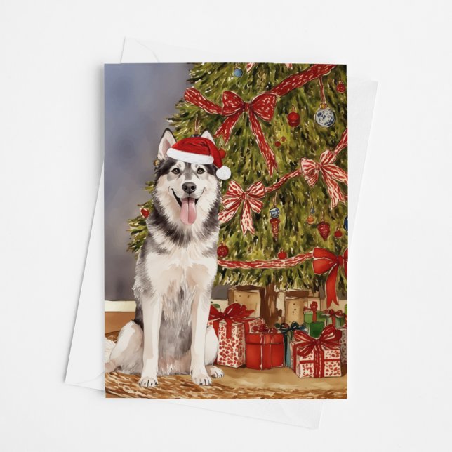 Husky Watercolor unter dem Weihnachtsbaum Karte (Von Creator hochgeladen)