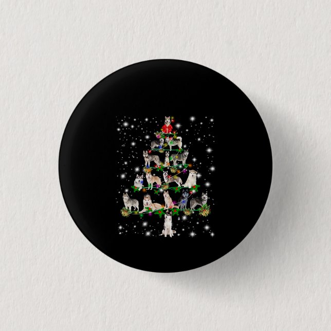 Husky Weihnachtsbaum mit leuchtendem Licht bedeckt Button (Vorderseite)