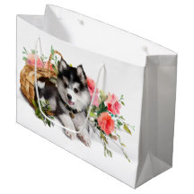 Husky-Welpe, der in einem Korb liegt