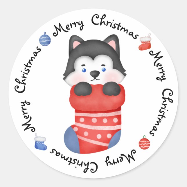 Husky Welpe Hund Niedlich festlich Frohe Weihnacht Runder Aufkleber (Vorderseite)