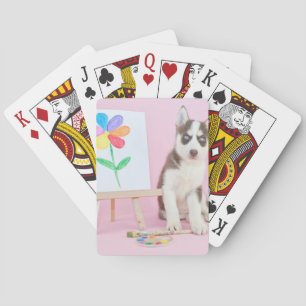 Husky-Welpe-Malerei auf eine Regenbogen-Blume Spielkarten