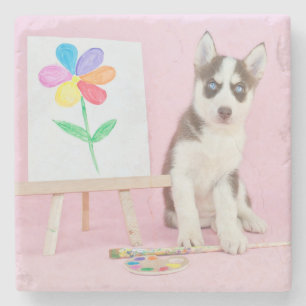 Husky-Welpe-Malerei auf eine Regenbogen-Blume Steinuntersetzer