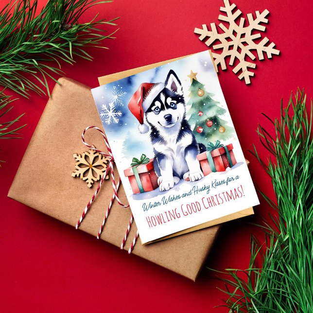 Husky Welpen Weihnachtsgrüße Hunde Menschen Postkarte (Siberian husky puppy Christmas greeting postcards watercolor cute husky puppy in Santa hat gift box )