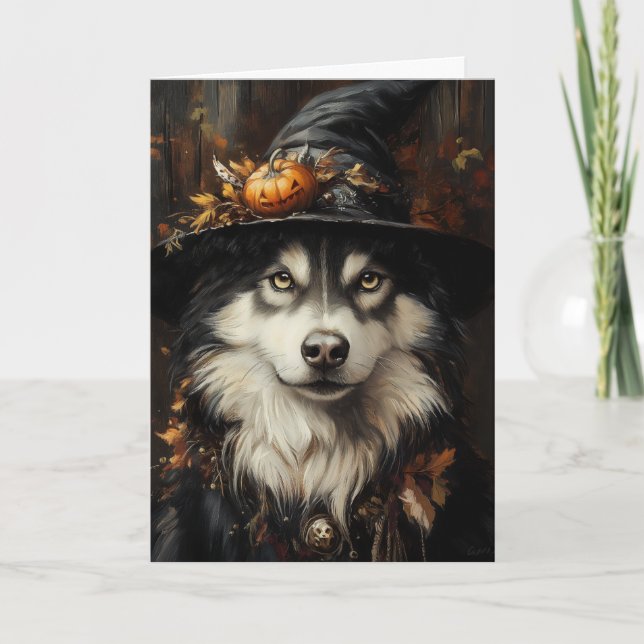 Husky Witch Halloween Feiertagskarte (Vorderseite)