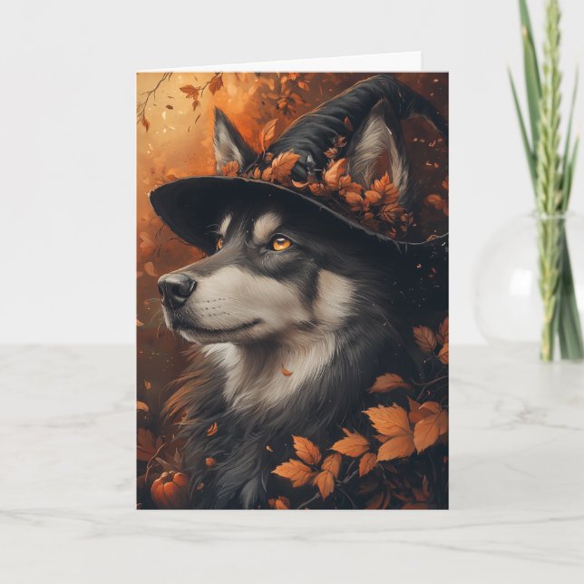 Husky Witch Halloween Feiertagskarte (Vorderseite)
