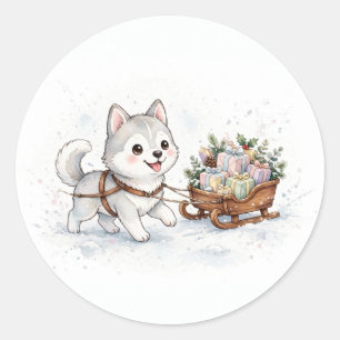 Husky zieht Weihnachtsschlitten Klassiker Runder Aufkleber