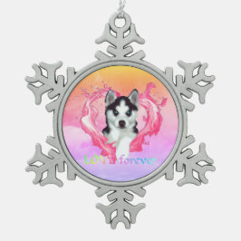 Huskywelpe mit Herz rosa Hündin love forever Schneeflocken Zinn-Ornament