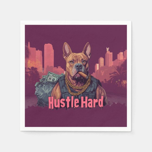 Hustle Hard - Pitbulle Hund mit Geld und Zigar Serviette (Vorderseite)