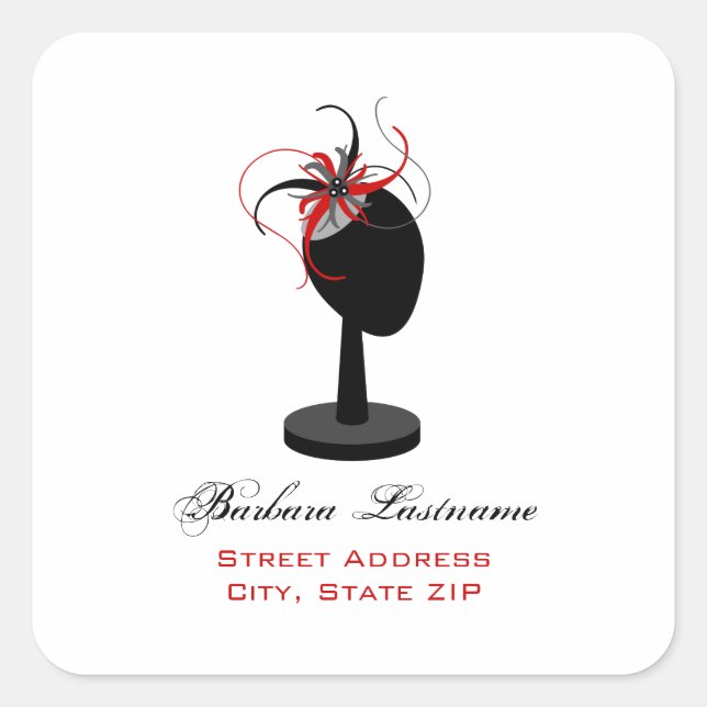 Hut-Stand & Red & Black Fascinator-Adressenaufkleb Quadratischer Aufkleber (Vorderseite)