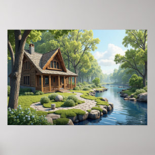 Hütte am Fluss im Wald Poster