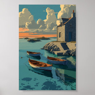 Hütte am Meer mit Booten - Die Küste Sunset Art Poster