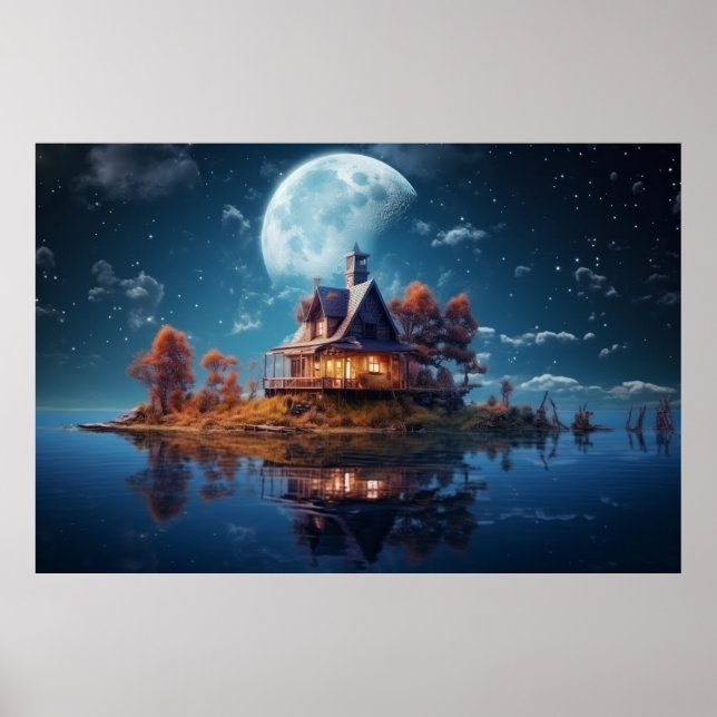 Hütte am See Landschaft Poster (Vorne)