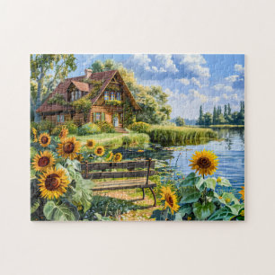 Hütte am See mit Sonnenblumen