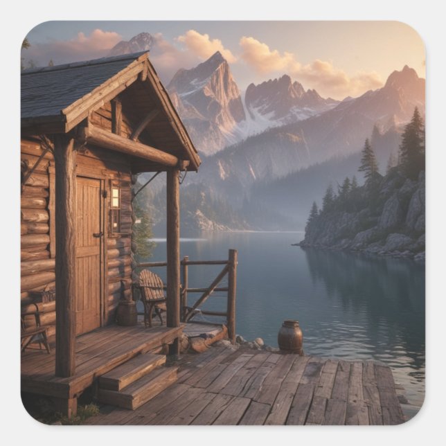 Hütte am See Quadratischer Aufkleber (Vorderseite)