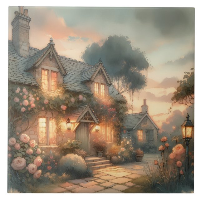 Hütte bei Sonnenuntergang mit Rose Fliese (Vorderseite)