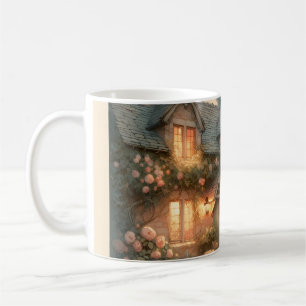 Hütte bei Sonnenuntergang mit Rose Kaffeetasse
