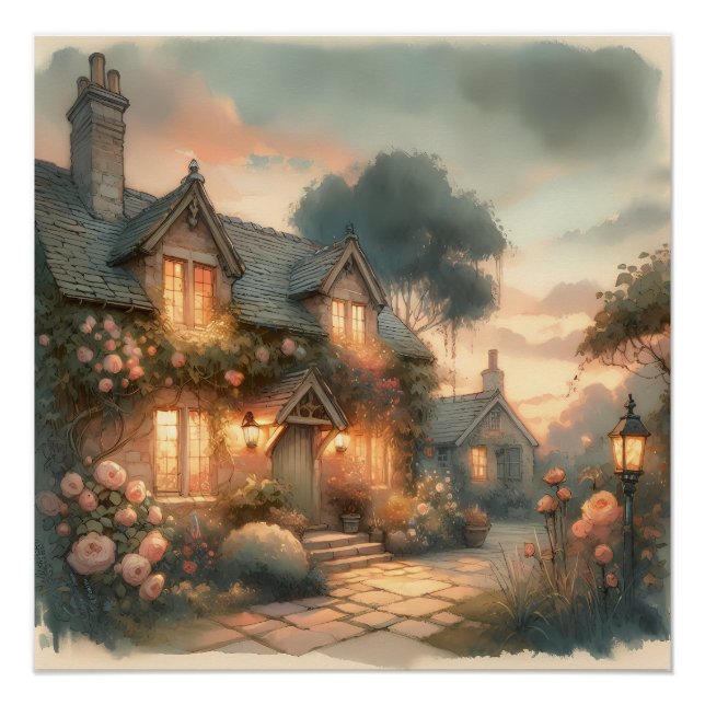 Hütte bei Sonnenuntergang mit Rose Poster (Vorderseite)