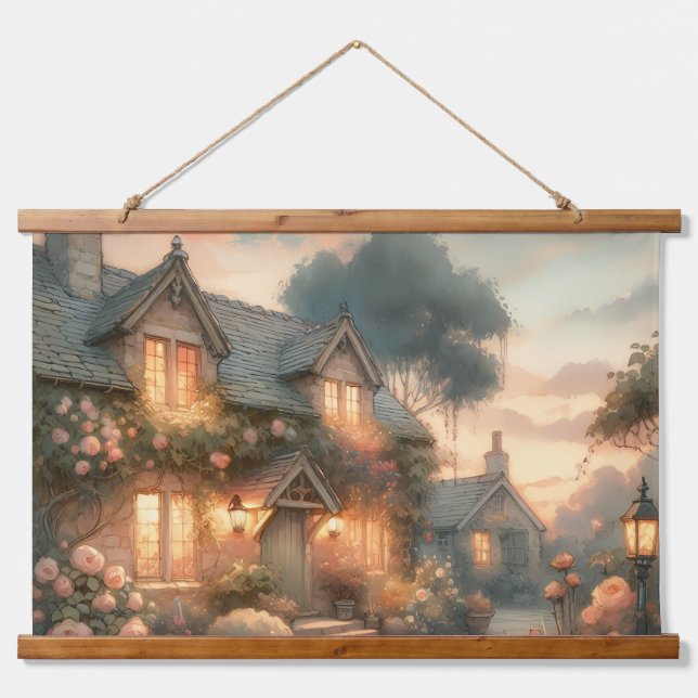Hütte bei Sonnenuntergang mit Rose Wandteppich Mit Holzrahmen (Vorne)