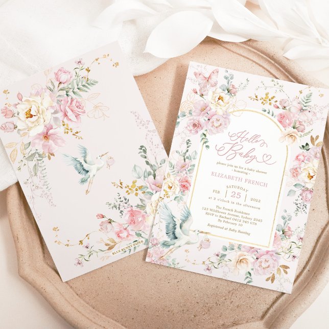 Hütte Chic Wildblume Stork Baby Girl Dusche Einladung (Von Creator hochgeladen)
