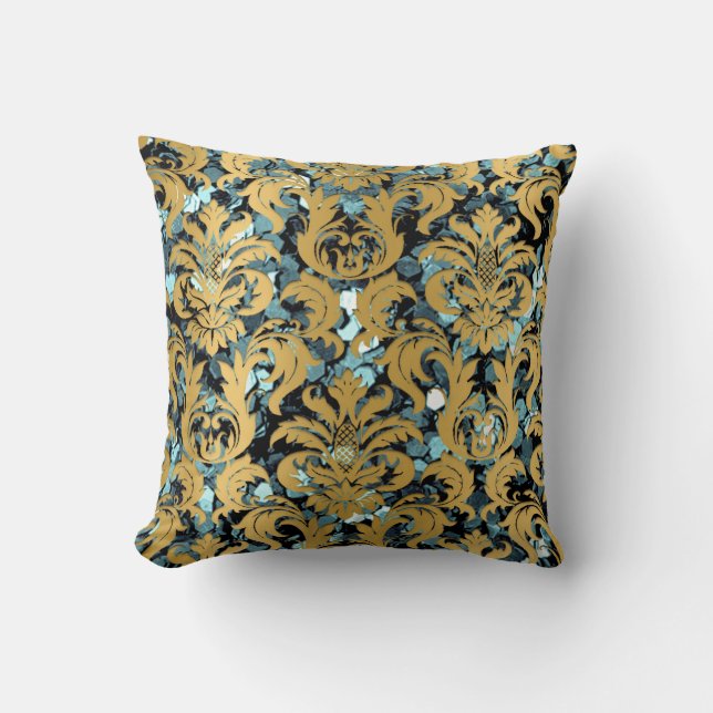 Hütte Damask Aquamarin Blush Gold Mustard Royal Kissen (Vorderseite)