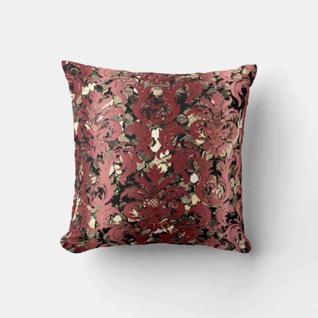 Hütte Damask Royal Sepia Gold Black Burgundy Kissen (Vorderseite)