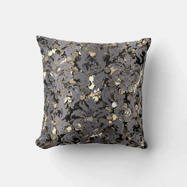 Hütte Damask Royal Sepia Gold Black Graphite Kissen (Vorderseite)