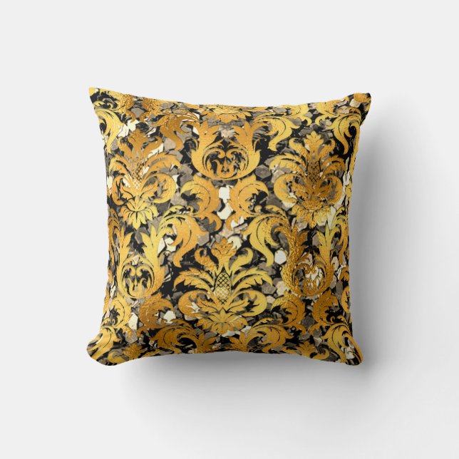 Hütte Damask Sepia Gold Sequel Royal Meatllic Kissen (Vorderseite)