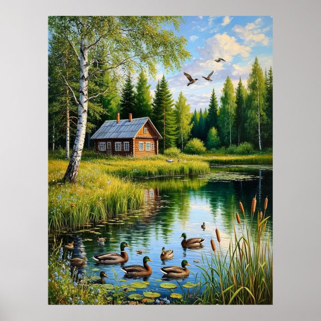 Hütte durch einen Waldteich mit Enten Poster (Vorne)