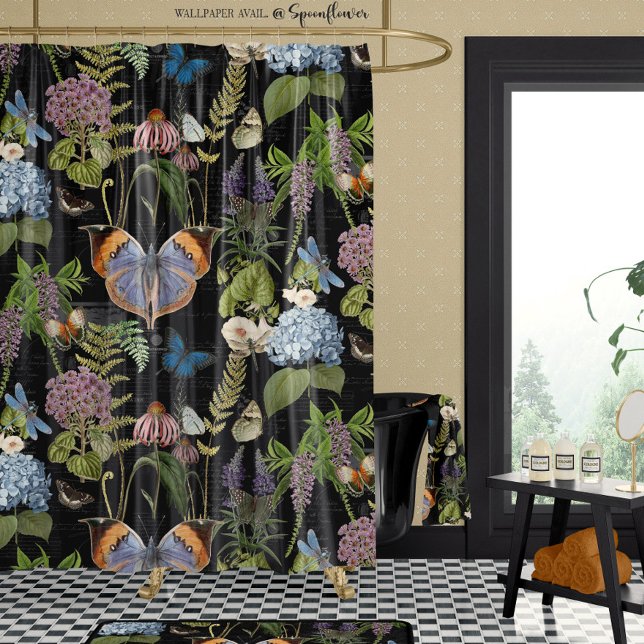 Hütte Floral Black Botanfly Vintag Duschvorhang (Von Creator hochgeladen)