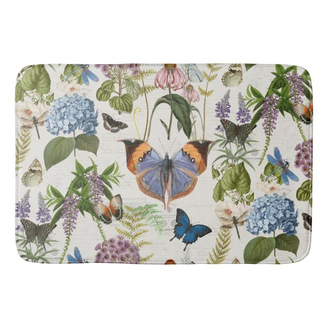 Hütte Floral Botanical Blue Hydrangea Schmetterlin Badematte (Vorderseite)